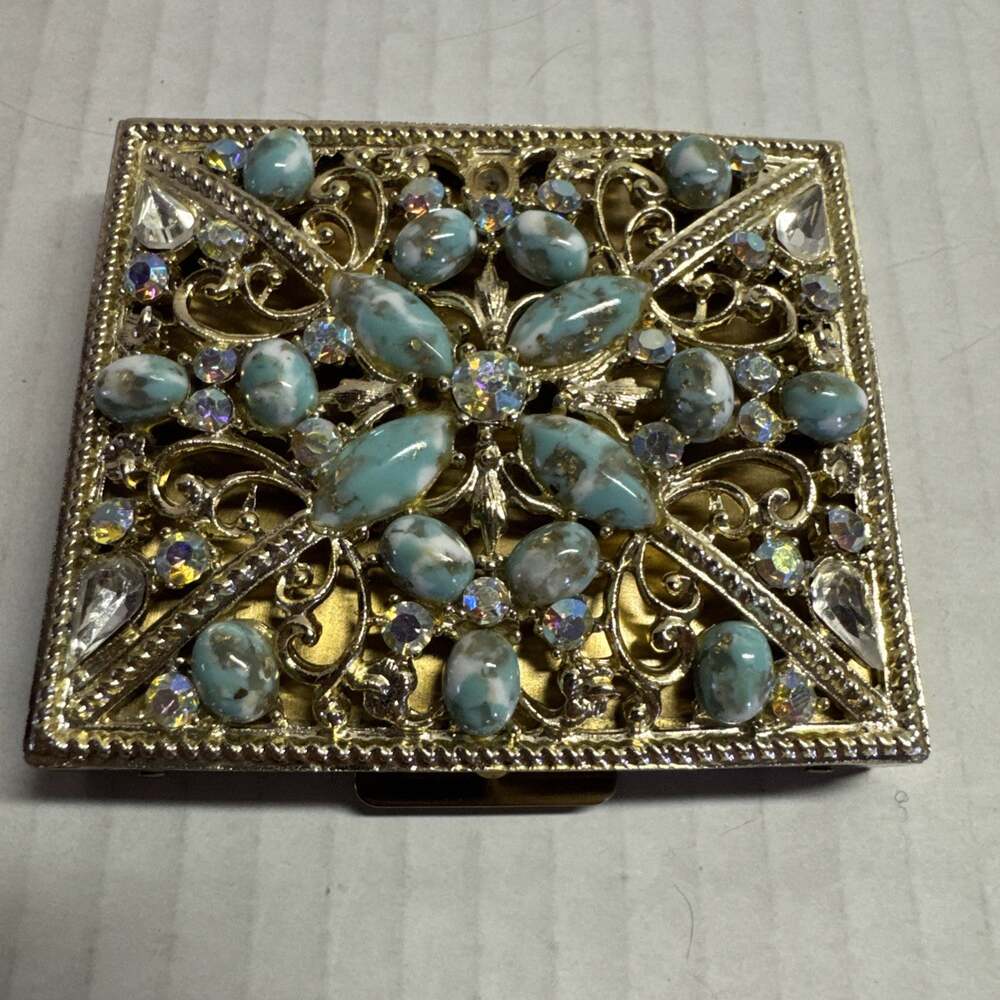 VintageJeweled Powder Compact Mirror Faux Turquoise Rhinestone gold tone Vanity